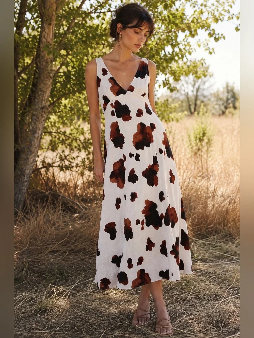Paper Heart Linen Blend Midi Dress Size L Ivory Brown Abstract Print - Picture 1 of 8